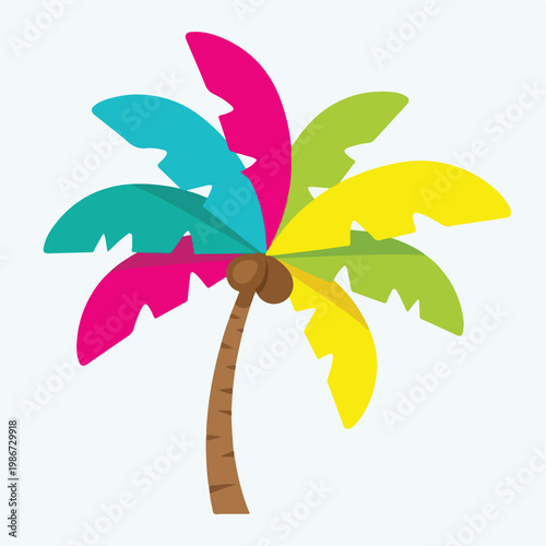 A colorful palm tree with a brown trunk