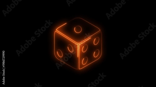 Neon glowing six-faced dice animation rolling on dark background with luminous dots for casino gambling games luck and chance concept