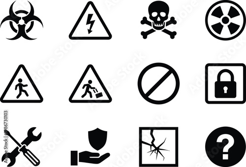 Cautionary warning signs for safety and hazard alertness with various symbols