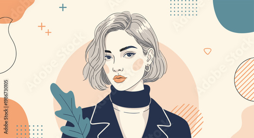 Fashionable young woman with short blonde hair wearing a dark coat standing against a creative abstract geometric background.