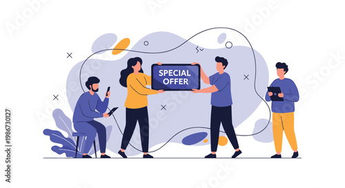 Group of diverse people engaging with a digital special offer promotion displayed on a large screen in a modern workspace.