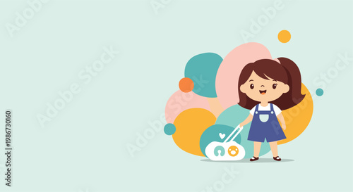 Cute little girl smiling and pushing a baby in a stroller against a background of colorful abstract circles and shapes.