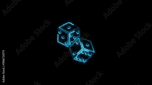 Two glowing blue dice rolling in the dark with neon light effect showcasing dynamic gaming and casino theme