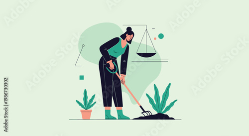 Female gardener using a rake to work on the soil of her garden surrounded by lush green plants in a minimal setting.