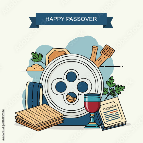 A colorful Passover-themed plate with food and a book