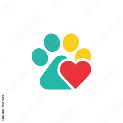 A colorful paw print with a heart