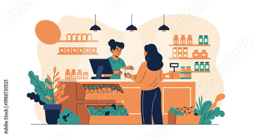 Female customer paying for her groceries at a store counter with a cashier, vegetables, and shelves full of products.