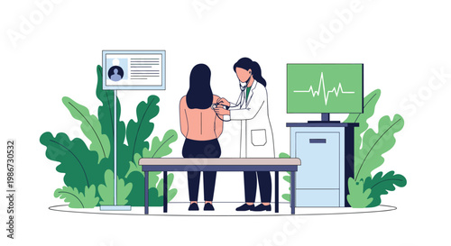 Female doctor using a stethoscope to examine a patient sitting on a medical table in a clinic with a heart rate monitor.