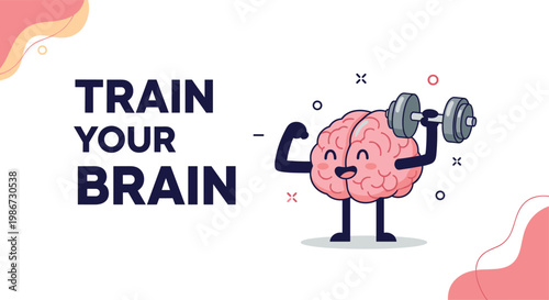 Creative illustration of a cartoon brain lifting a heavy dumbbell to represent mental exercise and brain training.