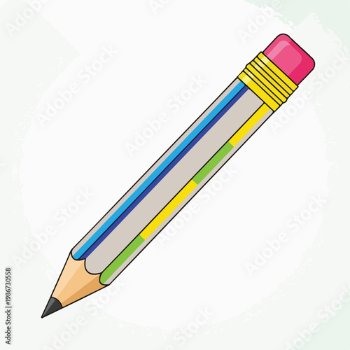 A colorful pencil with a pink eraser on a white background