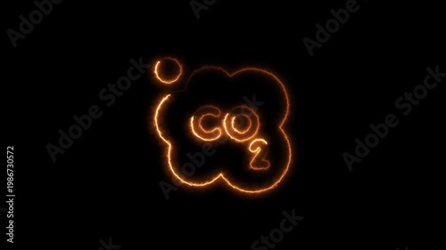 Glowing c o2 molecule animation with carbon and oxygen atoms in orange neon light on black background for scientific and environmental