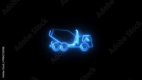 Futuristic neon blue cement mixer truck isolated on black background animation loop of construction machinery with glowing digital