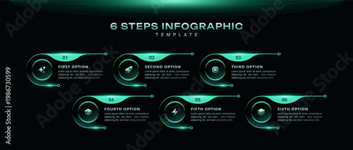6 step dark neon green infographic template with graph, pie chart, and workflow layout. Modern square diagram for brochure, report, presentation, web design, AI, editable vector illustration.