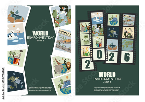 World Environment Day Film Strip Eco Poster Set. Eco-themed in polaroid and film strip layouts, showing conservation, wildlife, and sustainability concept for campaigns and design. Vector illustration