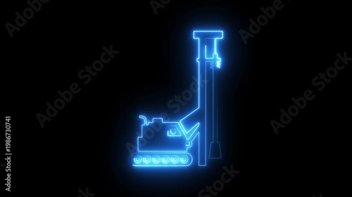 Neon blue outline of heavy excavator with extended arm and bucket industrial machinery isolated on black background futuristic
