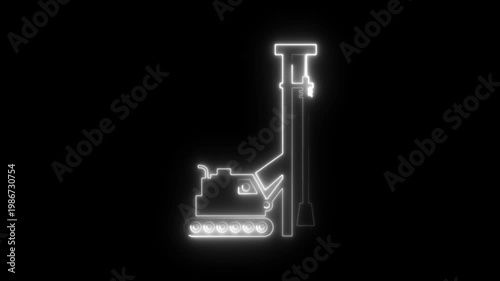 Construction machinery high-contrast neon outline silhouette excavator with extended arm operating in dark environment industrial concept