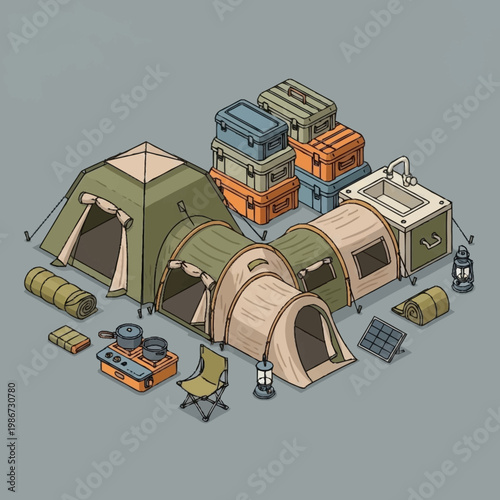 Camping gear and equipment for outdoor adventure travel.