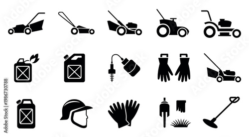 Lawn care garden icons essential black solid set featuring mowers trimmers fuel cans protective gear tools for outdoor yard maintenance design