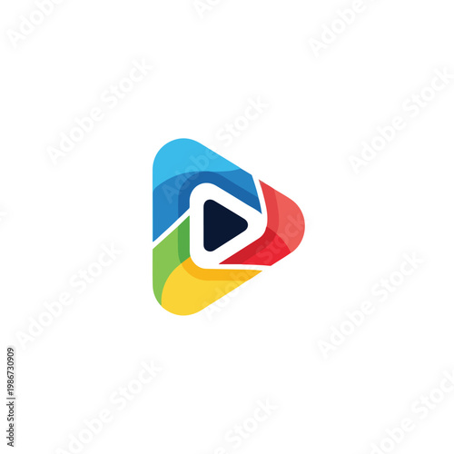 A colorful play button icon with a white border