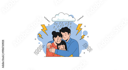 Sad family members embracing and crying under dark rain cloud with lightning bolts indicating grief or hardship.