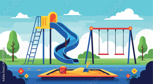 A colorful playground scene with a slide, swings, and sandbox