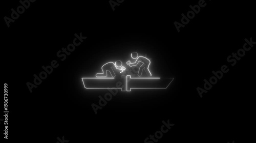 Minimalist neon light outline of two workers pushing a large button on a control panel abstract animation loop