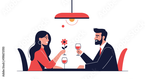Elegant man and woman sharing romantic dinner with red wine and flower on table under hanging red lamp in restaurant.