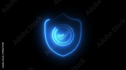 Neon blue shield with security checkmark animation security concept neon shield