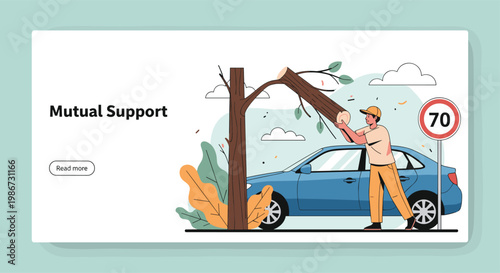 Mutual support landing page banner showing man lifting fallen tree trunk off blue car after storm on road side.