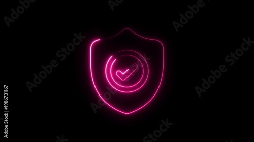 Neon pink shield with checkmark symbol for security and verification concepts neon shield
