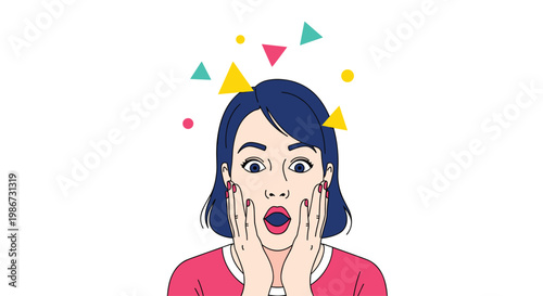 Close up portrait of woman with surprised facial expression holding hands to face with geometric shapes above.