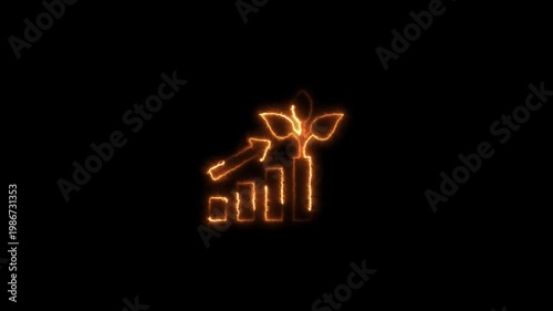 Glowing orange neon light bar chart graph with ascending trend arrow digital financial statistics data analytics concept animated