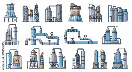 Diverse Chemical Plant and Industrial Processing Unit Illustrations.