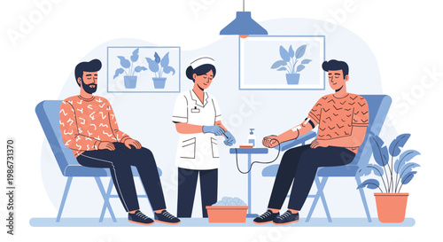 Two men sitting in blue chairs and donating blood while nurse in white uniform monitors procedure in medical clinic.