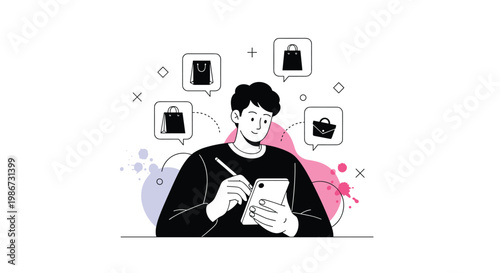 Male character using stylus on smartphone for online shopping with various bag and briefcase icons above his head.