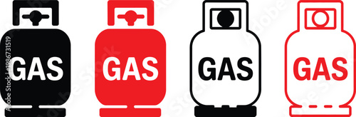 Gas cylinder icon set, vector collection of four cylinders in black red and outline styles representing fuel storage industrial equipment and safety symbols.
