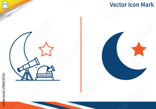 Crescent moon and telescope icon vector mark.