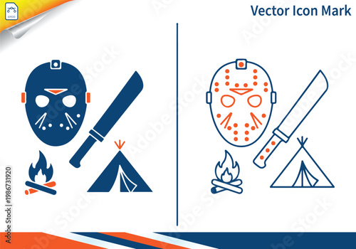 Horror icons mask knife campfire tent vector mark.