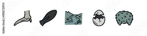 Nature and animal evolution icons including a bird claw, platypus tail, river landscape, hatching egg and fur.