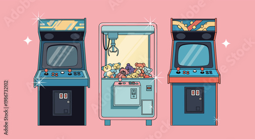 Row of classic retro arcade gaming machines and a claw machine filled with teddy bears on a bright pink background for fun.