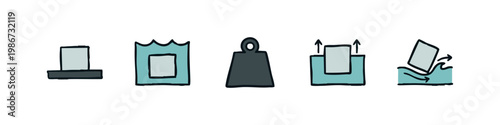 Hand Drawn Physics and Buoyancy Icon Set with Floating Box, Weight and Water Surface Illustrations