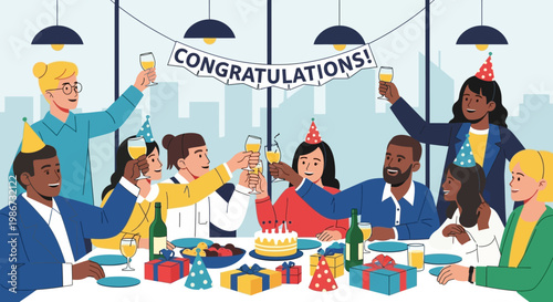 Diverse group of colleagues celebrating a success with a party and cake.