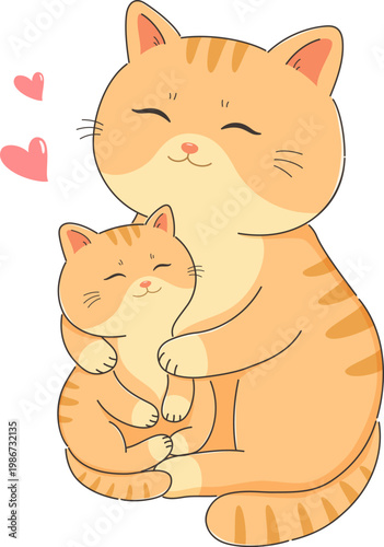 Mother cat hugging her kitten with love and warmth, vector illustration