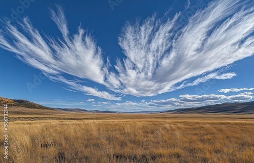 Green Grass Field and Blue Sky Landscape with Mountains and Clouds