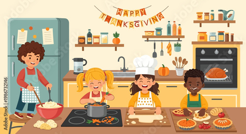 Diverse group of happy children cooking and baking together for Thanksgiving.