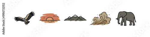 Hand Drawn Safari and Wildlife Icon Set with Vulture, Sunset, Mountains, Dust and Elephant
