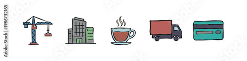 Hand Drawn City Life and Commerce Icon Set with Crane, Building, Coffee, Truck and Credit Card