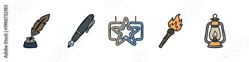 Collection of five hand-drawn icons: quill pen, fountain pen, neon star, torch, and lantern.