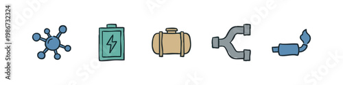 Industrial Energy Icons Set with Molecule Battery Tank Pipe and Exhaust Flame