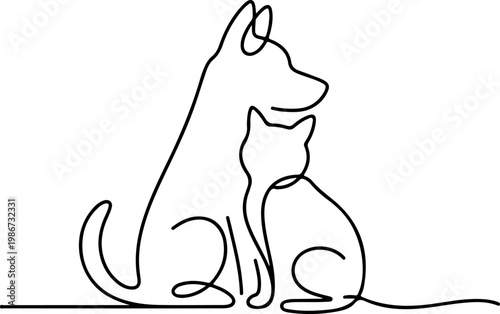 Continuous line drawing of a dog and cat sitting together in a friendship, symbolizing companionship and a close bond between pets